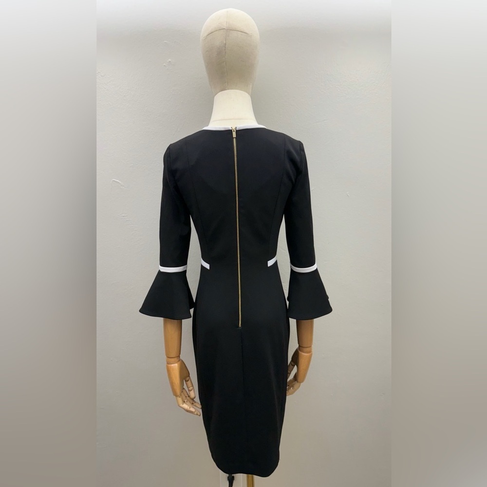 Calvin Klein Black Sheath Dress Size 2 Bell Sleeve Gold Zip Back Knee Length - Picture 4 of 10